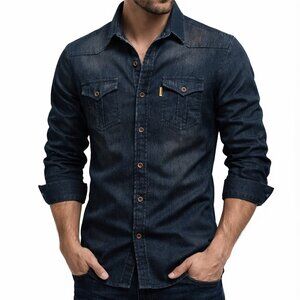 Aiopeson Premium Dark Wash Distressed Button Up Long Sleeve Denim Shirt Mens L